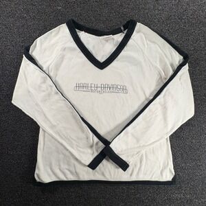 VTG Harley Davidson 2002 Ringer Womens XL Long Sleeve V-Neck Shirt White USA